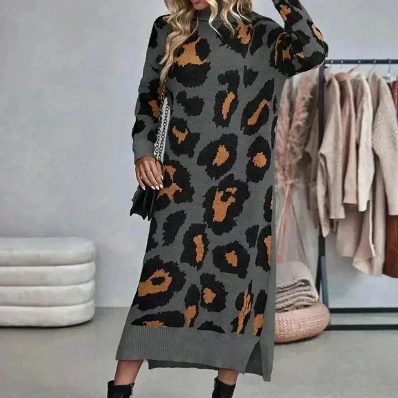 Multicolor Casual Women's Leopard Print Turtleneck Sweater Dress - Picture 4 of 6